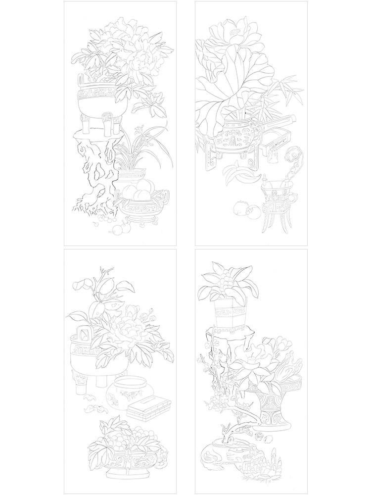 工笔画白描底稿花瓶四条屏线稿国画初学者临摹练习线描图案打印稿