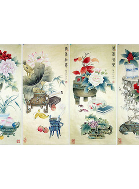 工笔画花瓶四条屏白描底稿