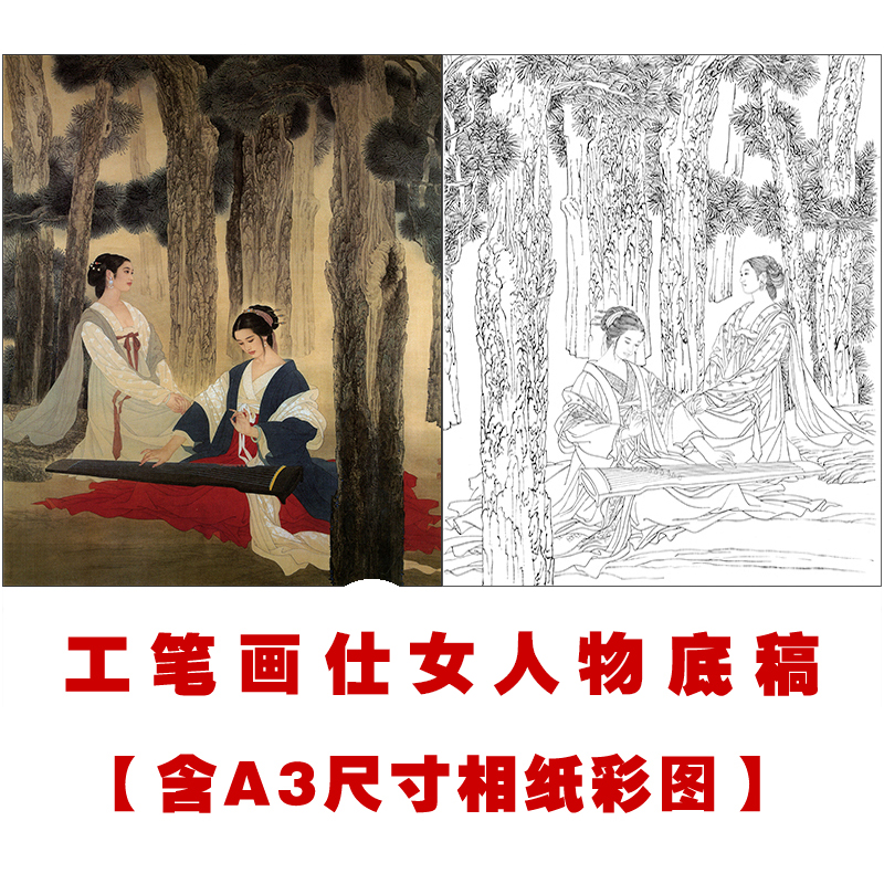 XP11王美芳工笔画人物白描底稿国画仕女装饰画素材临摹线描打印稿