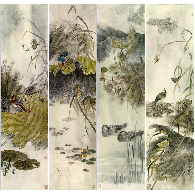 工笔画荷花鸳鸯四条屏白描底稿国画花鸟临摹练习样稿实物打印底稿