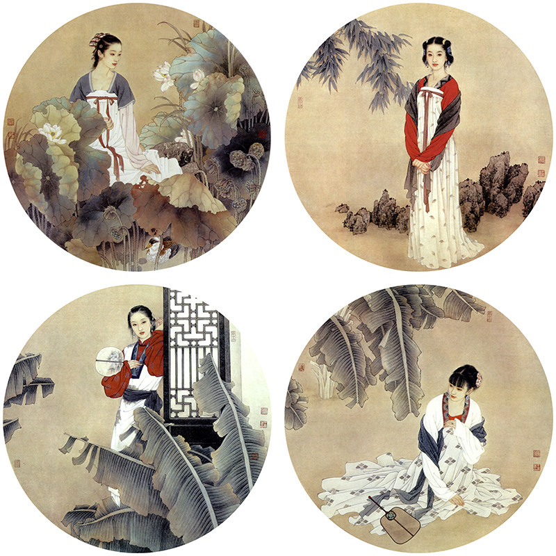 王美芳工笔画人物团扇白描底稿国画仕女临摹线稿图样实物打印底稿