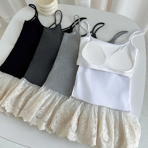 2025新款白色纯色吊带背心女夏季蕾丝花边下摆修身叠穿内搭小上衣