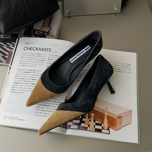 WM6欧货欧洲站2026春季新款法式尖头拼色细跟单鞋女鞋浅口高跟鞋