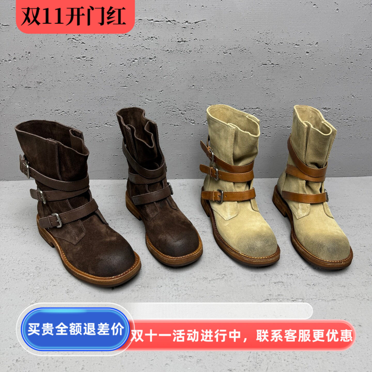 秋季真皮复古皮带扣女骑士靴