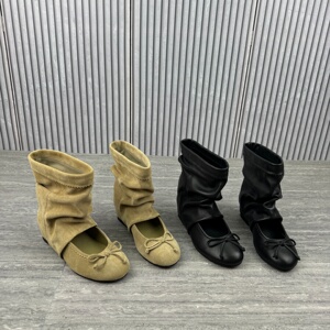 真皮蝴蝶结内增高堆堆短靴女
