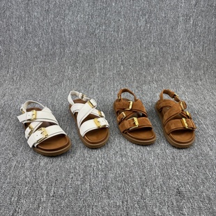 潮 欧货欧洲站真皮女鞋 2025夏季 新款 低跟平底露趾休闲一字扣带凉鞋