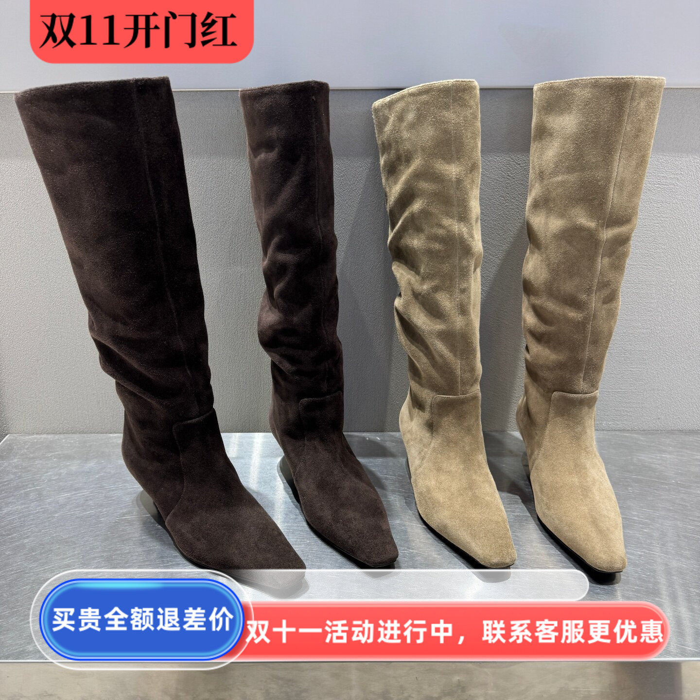 欧洲站方头真皮细跟高筒女靴