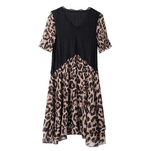 Real shooting large 2022 summer dress fat mm leopard print dress small man covered belly reduced age loose thin Chiffon Skirt