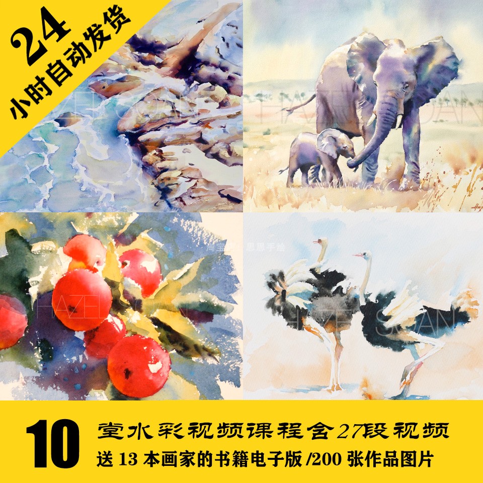 W016 Hazel Soan 水彩绘画视频资料10段 送13份参考资料200张图片