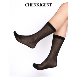 尘禧绅士男士黑色复古闪光老式锦纶条纹中高筒透气丝袜性感