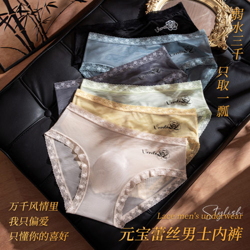 性感蕾丝男士内裤太空舱3D立体夏季超薄款网纱高弹透气男式三角裤