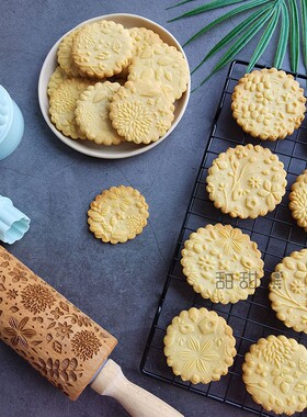 TITIBEAR 锦花绣草大号印花擀面杖加深雕实木曲奇饼干压花DIY工具