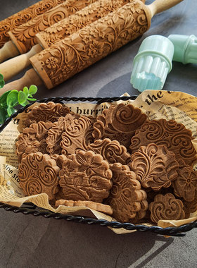 TITIBEAR 欧式复古花形印花擀面杖加深雕刻工艺厨房DIY烘焙工具