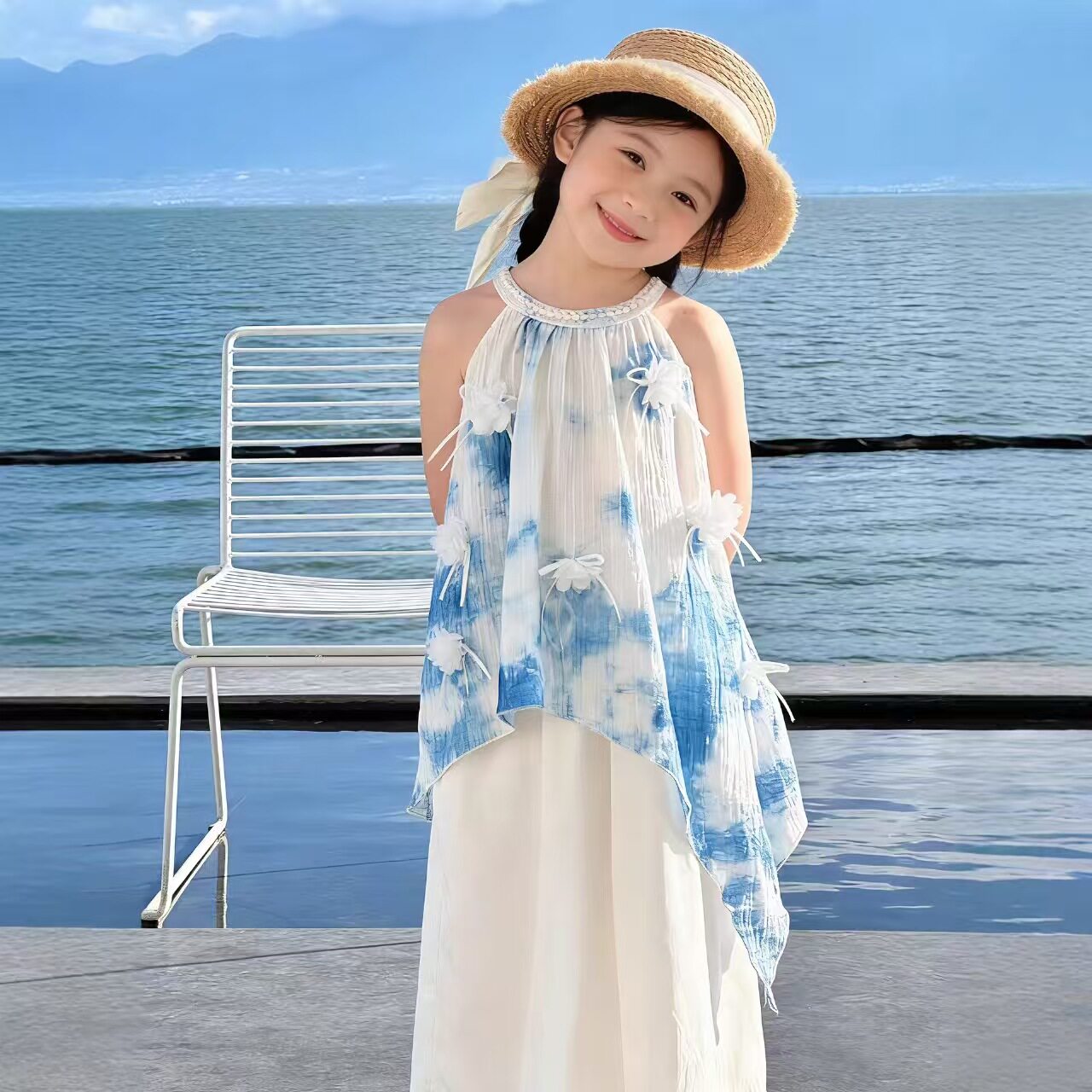 云南手工扎染女童连衣裙民族风植物染汉服夏季无袖吊带公主童裙