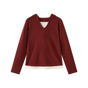 安可拉红色假两件连帽针织衫女士2025年秋季新款穿搭套头打底衫