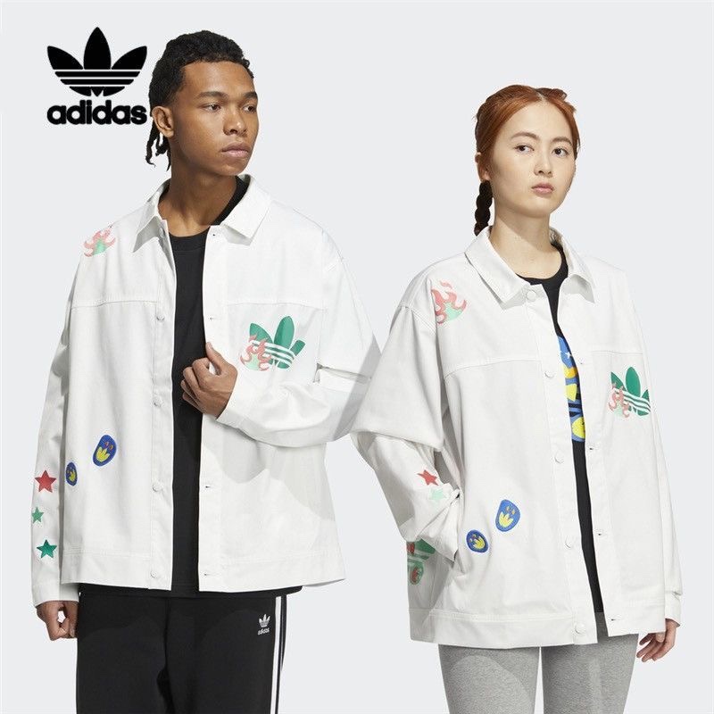 现货Adidas三叶草男女同款外套趣味小熊印花牛仔情侣夹克HP0116