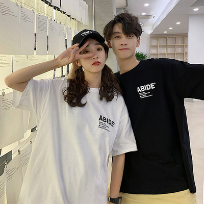 夏季新款潮牌字母短袖t恤情侣装宽松男女港风ins超火学生半袖班服