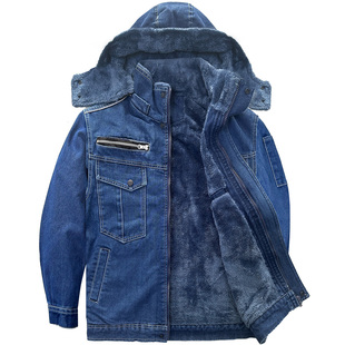 冬季加绒加厚牛仔工装服男连帽保暖工作服耐磨厚裤子防烫劳保棉衣