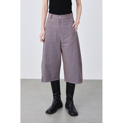 CAREMIND复古廓形灰紫棉麻七分裤