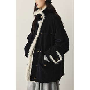 【复古拼毛绒领】CAREMIND黑色立领灯芯绒羽绒服宽松中长款外套女