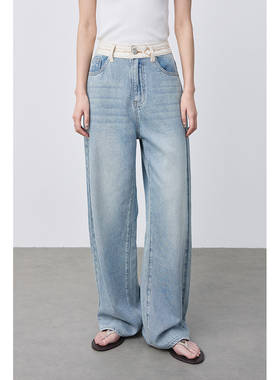 【周末牛仔裤】CAREMIND浅蓝色松弛直筒裤腰部刺绣拼接高腰牛仔裤