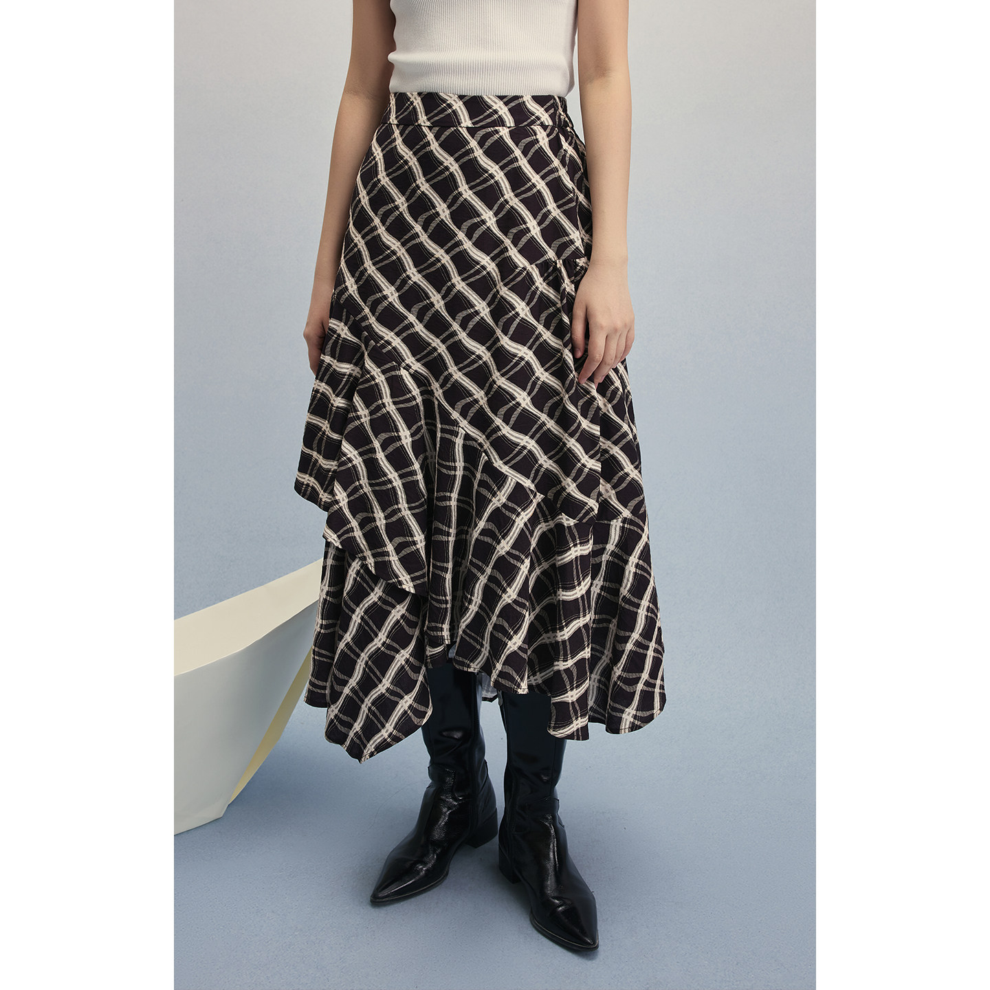 【水波纹鱼尾裙】CAREMIND不规则格纹半身裙2026新款设计感裙子女