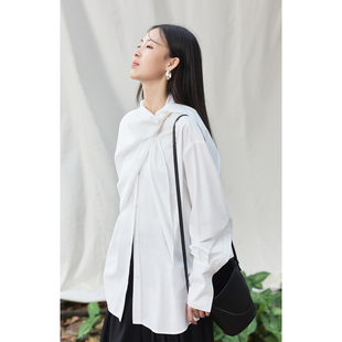 CAREMIND韩系简约扭结白衬衫 显瘦通勤百搭长袖 衬衣 云舞白衬衫