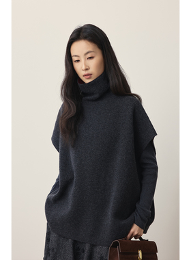 【蝙蝠袖双色马甲】CAREMIND羊毛高领蝙蝠袖针织毛衣叠穿坎肩背心