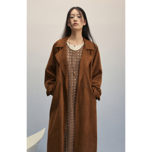 大衣 CAREMIND高级翻领麂皮风衣外套松弛廓形长款 锈色麂皮风衣