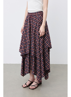 【阿伯丁格纹裙】CAREMIND美式酒红显瘦半身裙不规则设计高腰裙子