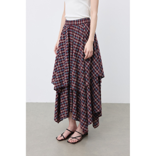 酒红显瘦半身裙不规则设计高腰裙子 CAREMIND美式 阿伯丁格纹裙