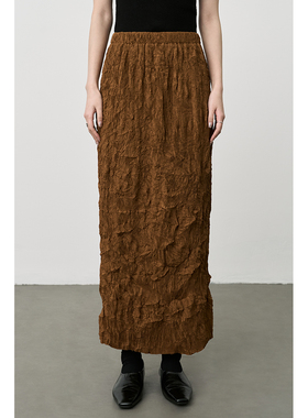 CAREMIND咖色不规则褶皱松紧腰半身裙高腰包臀显瘦中长裙