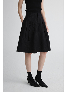 【木耳花亚麻半裙】CAREMIND黑色褶皱肌理感a字中裙氛围垂感裙子