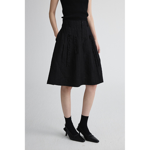 CAREMIND黑色褶皱肌理感a字中裙氛围垂感裙子 木耳花亚麻半裙