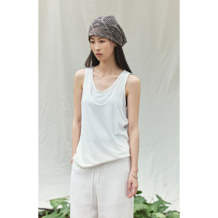 上衣宽松慵懒风背心 CAREMIND天丝亚麻假两件无袖 假两件白背心