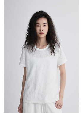 【浮雕白T】CAREMIND别致白色立体提花设计感夏季纯色圆领短袖T恤