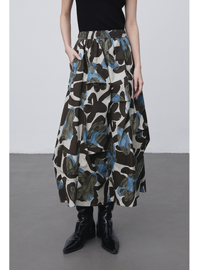 CAREMIND小众不规则设计感印花半身裙廓形显瘦中长款夏季新款伞裙