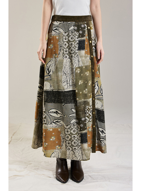 【落叶集】CAREMIND植物印花拼布艺术感半身裙廓形垂感A字半身裙