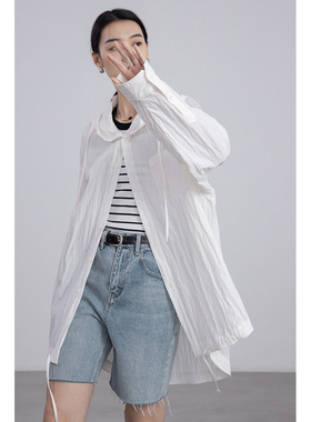 CAREMIND薄款抽绳连帽开衫外套女宽松时尚白色防晒上衣女
