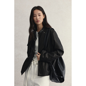 酷飒皮衣短款 复古斜片式 CAREMIND美式 百搭夹克外套秋 黑曜皮衣