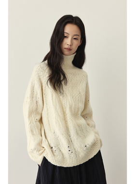 【高领毛衣】CAREMIND白色柔软高领毛衣日式复古立体大绞花上衣