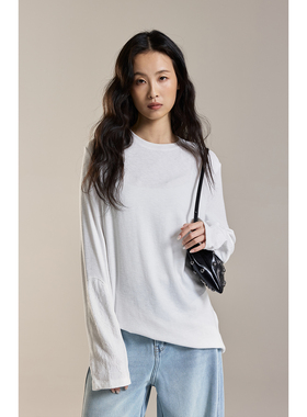 【长袖版雪花tee】CAREMIND宽松极简白色圆领长袖T恤蕾丝袖口上衣