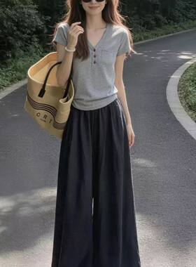 独特绝美初夏小套装女韩版灰色V领修身短袖T恤休闲阔腿裤两件套潮