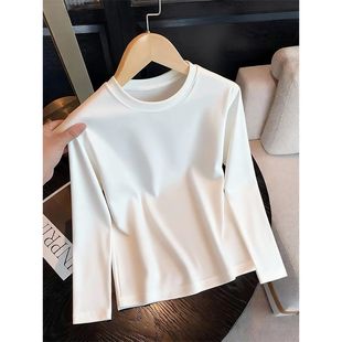 高档百搭纯色上衣白色打底衫 正肩圆领纯棉磨毛长袖 t恤女秋冬新款