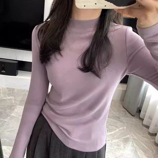 t恤上衣 纯色内搭长袖 德绒加厚正肩半高领打底衫 女2025年秋冬新款