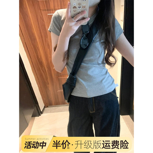 修身 2025款 T恤女夏季 复古灰色正肩短袖 显瘦内搭打底上衣 辣妹美式