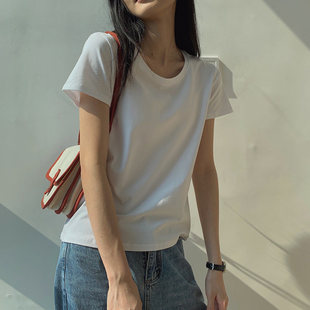 白色圆领通勤韩版 显瘦夏季 纯色棉质百搭打底上衣潮 t恤女修身 短袖