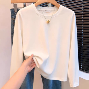 女士上衣秋冬 t恤女正肩内搭纯棉打底衫 白色新款 双面磨毛圆领长袖