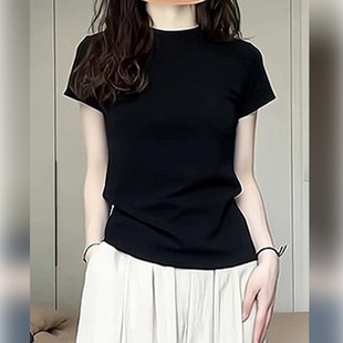 圆领短袖 美式 显瘦纯色短款 设计感辣妹修身 上衣 黑色正肩女T恤夏季