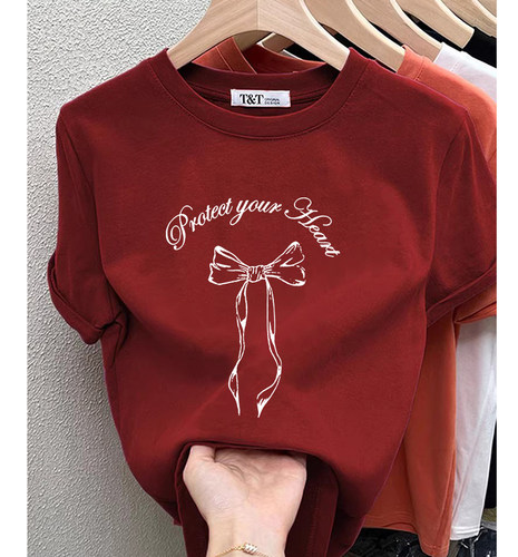 夏季中国红纯棉修身短袖T恤女